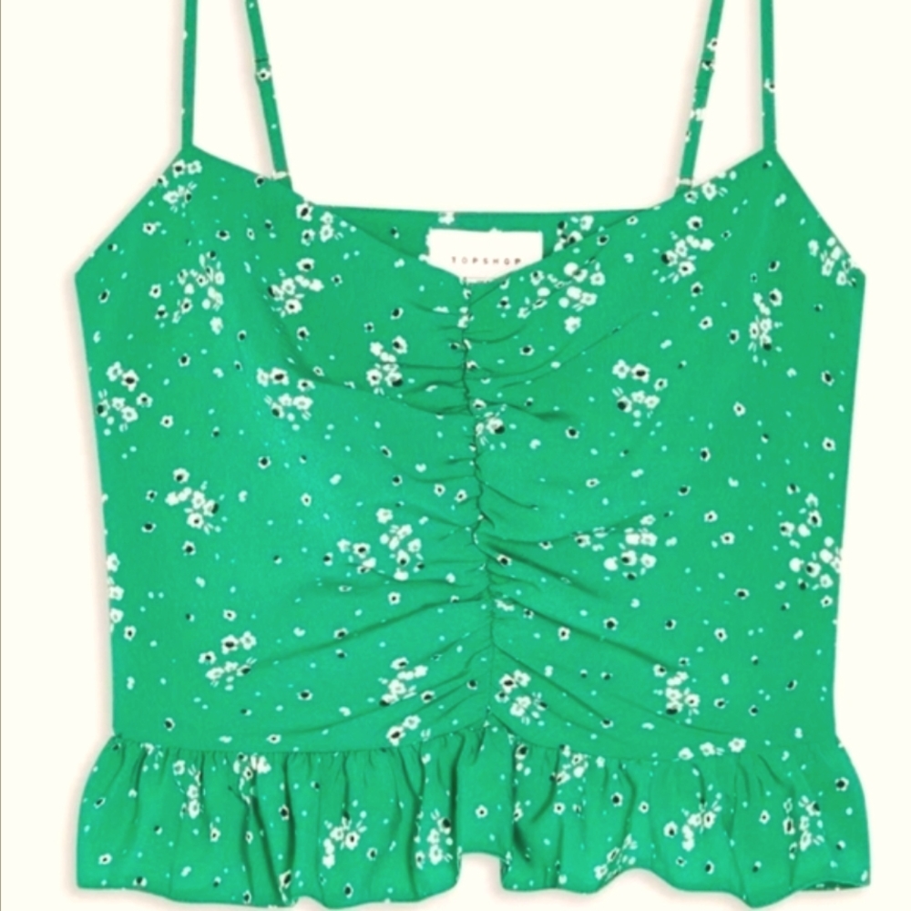 🌟 TOPSHOP Flirty Trendy Green Floral Crop Cami Rouching Side Zip Women's Sz 10